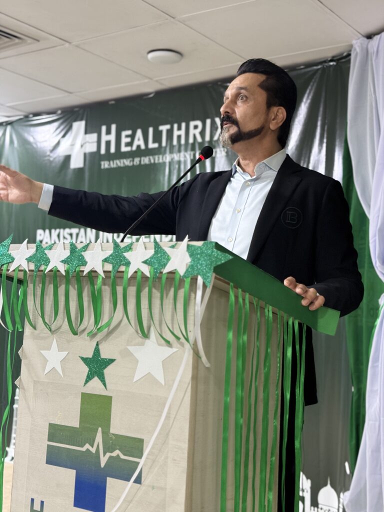 Tahir Javed speaking at the Healthtrix Training & Development Centre in Lahore